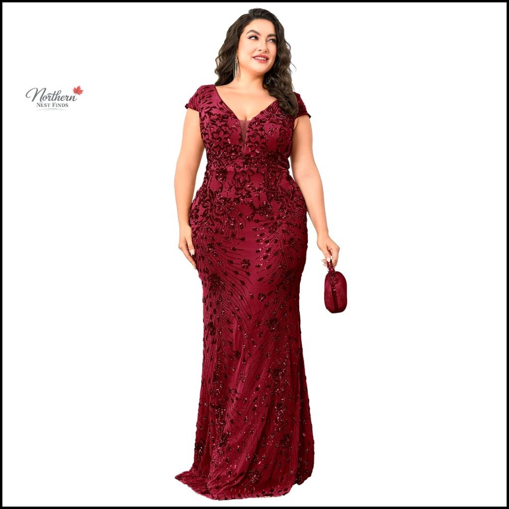 Plus Size Womens Sequined Long Evening Gown
